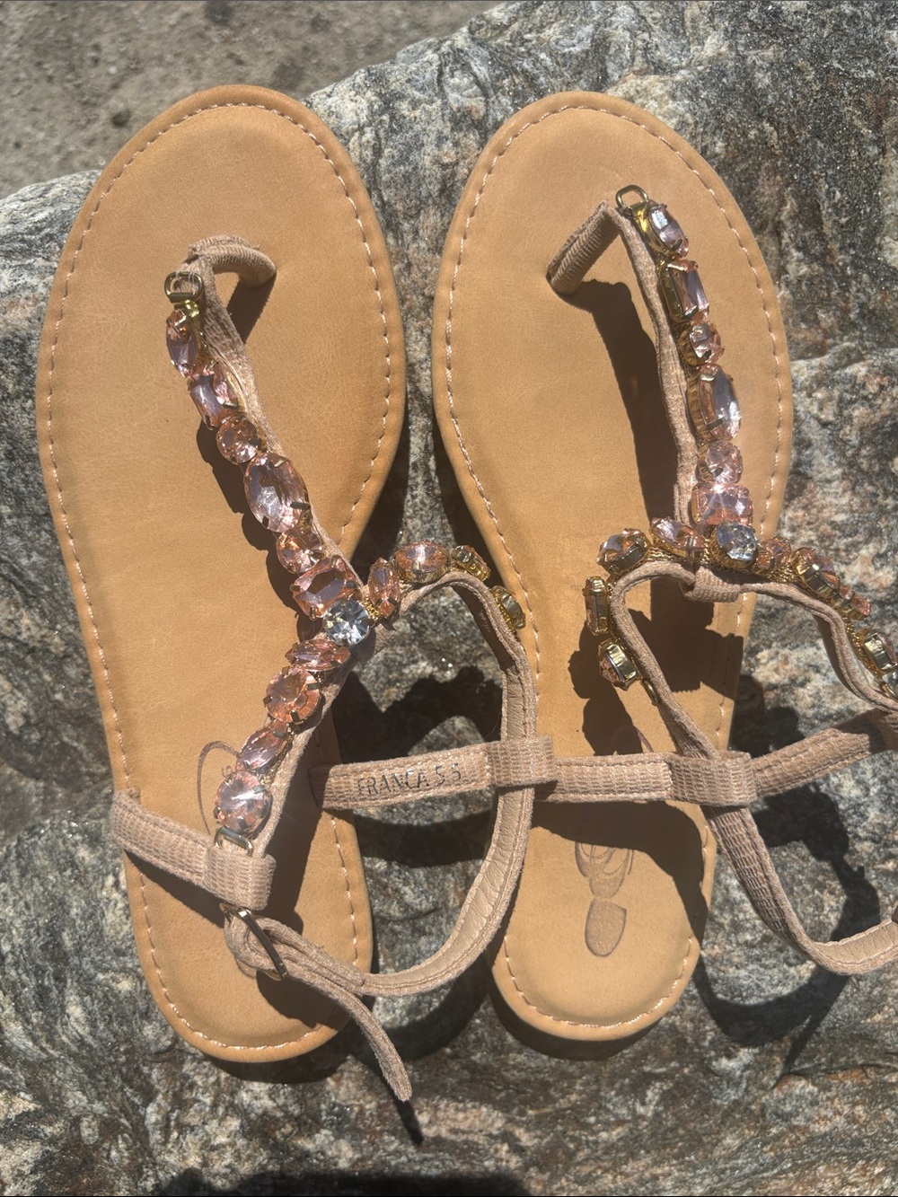 Beaded Tan T-Strap Sandals with Pink Crystal Accents